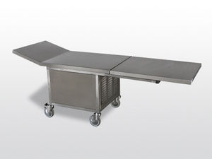 mesa de presentación funeraria / con ruedas / de acero inoxidable / refrigerada