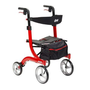 andador con ruedas 4 ruedas / con asiento / plegable / de altura variable
