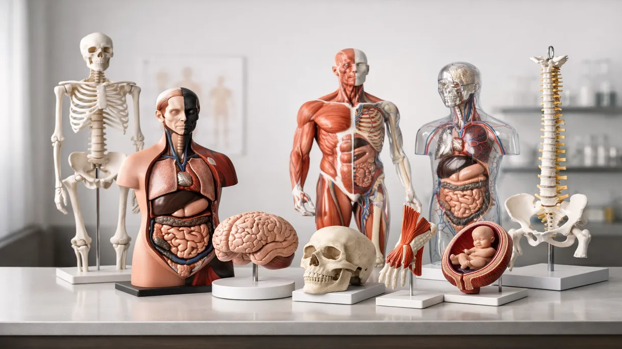 Estudiantes de medicina examinando un modelo de esqueleto humano a tamaño real durante una sesión de formación avanzada en anatomía clínica en un laboratorio.