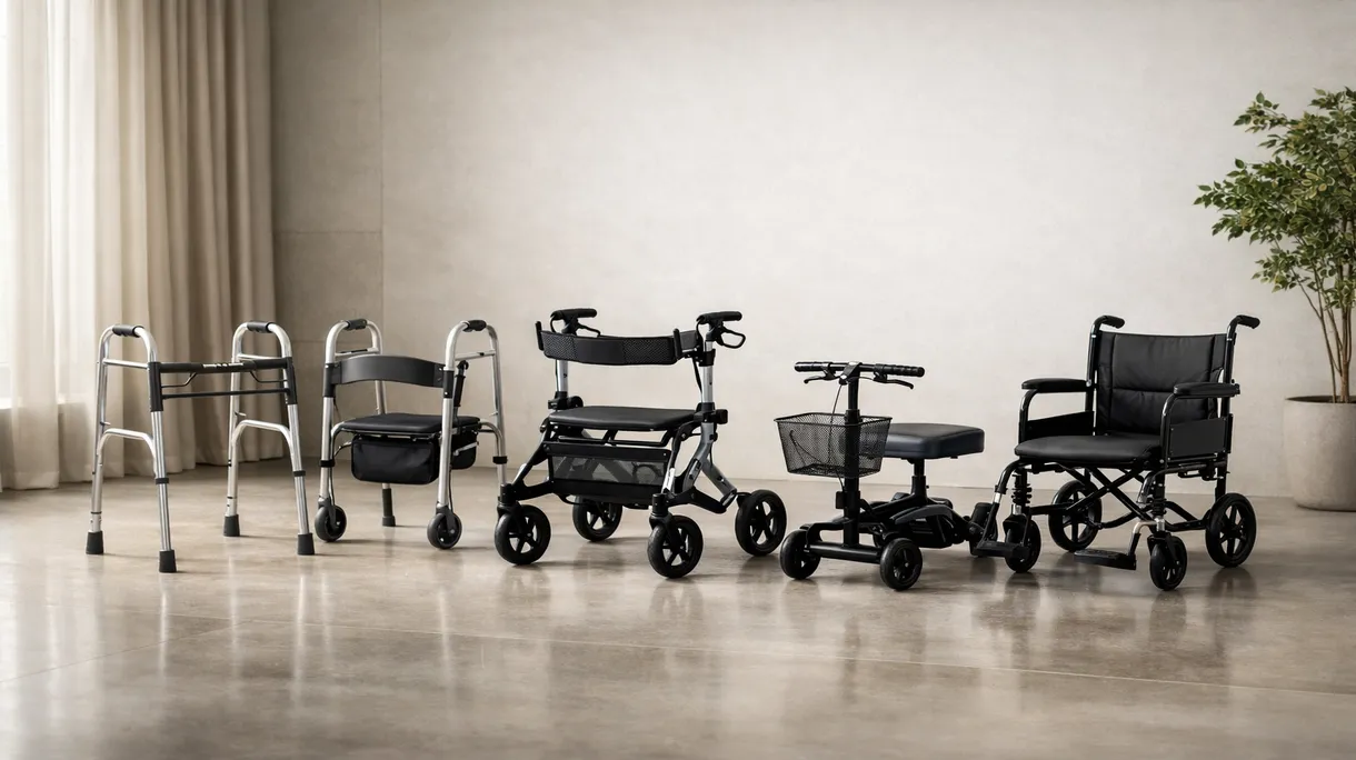 Fisioterapeuta asistiendo a un paciente de edad avanzada que utiliza un andador con ruedas (rollator) profesional en un pasillo de rehabilitación de un hospital moderno y luminoso.