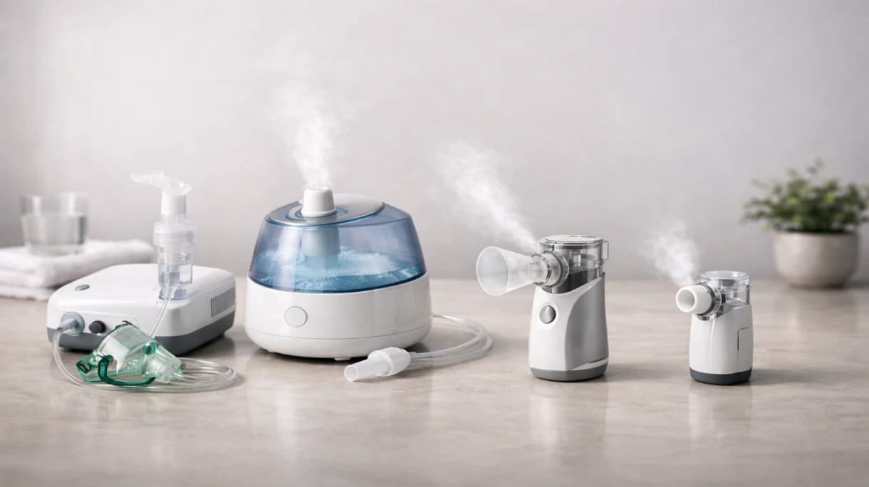 Profesional sanitario administrando terapia respiratoria a un paciente mediante un nebulizador de grado médico en una sala de hospital.