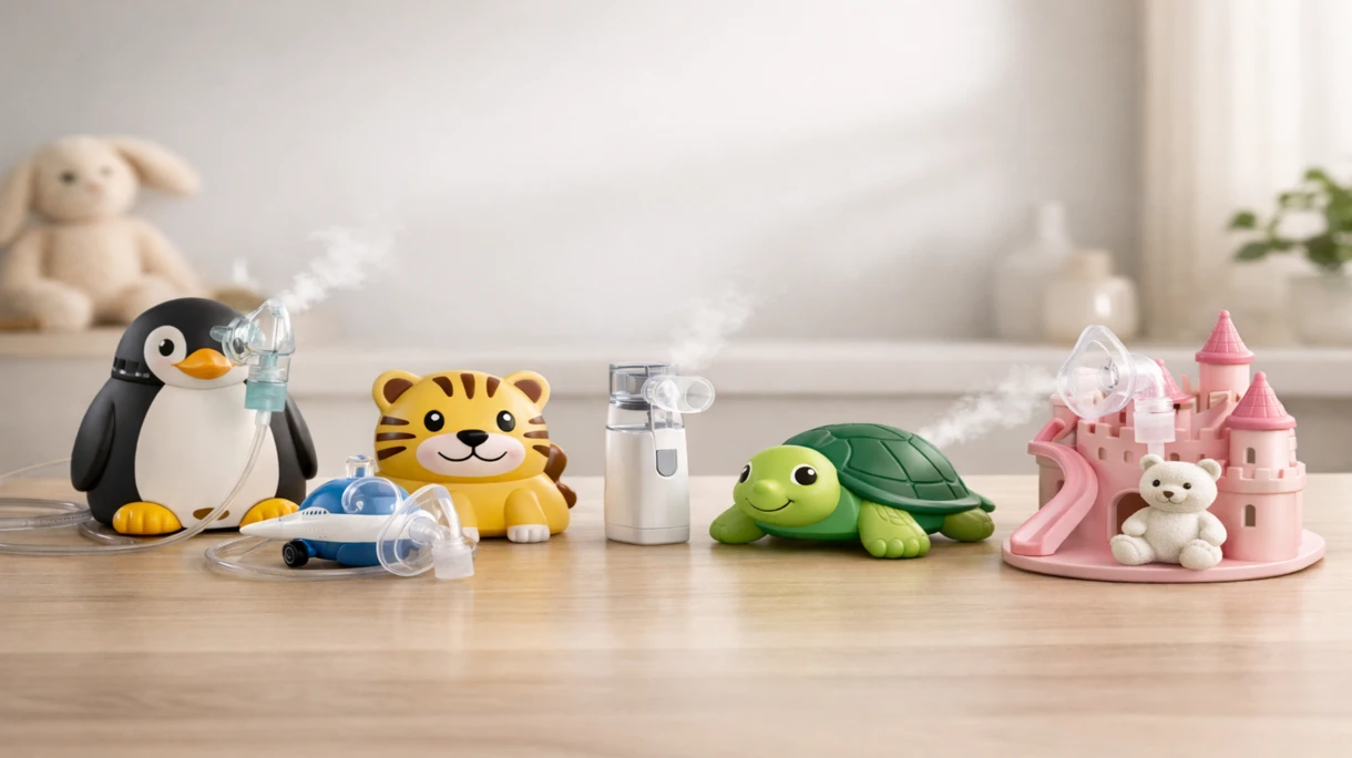 Paciente pediátrico utilizando un nebulizador pediátrico profesional de malla con una mascarilla colorida en un entorno hospitalario clínico.