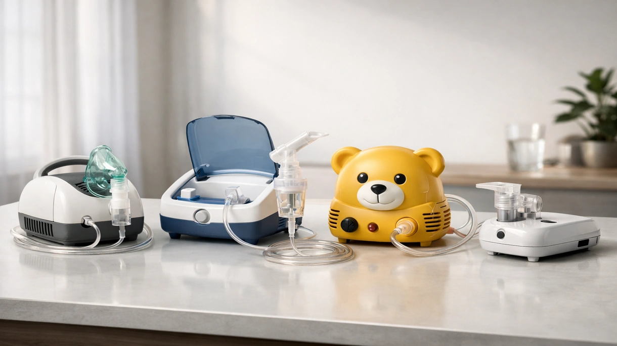 Profesional médico administrando terapia respiratoria mediante un nebulizador con compresores clínico en una sala de hospital.
