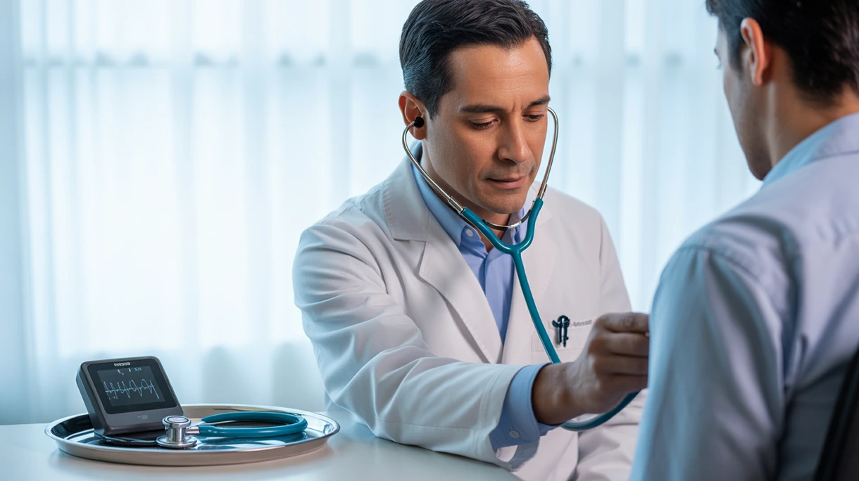 Un cardiólogo en un entorno clínico utilizando un estetoscopio de alta gama para realizar un examen cardíaco a un paciente en un hospital.