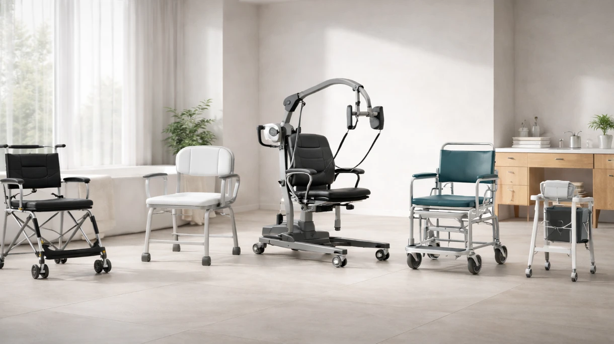 Profesional sanitario utilizando una silla de traslado ergonómica para desplazar de forma segura a un paciente por el pasillo de un hospital moderno.