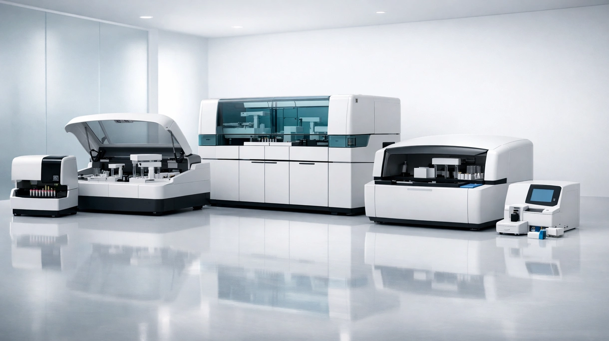 Técnico de laboratorio clínico cargando muestras de pacientes en un analizador de bioquímica automatizado de alto rendimiento en un hospital moderno.