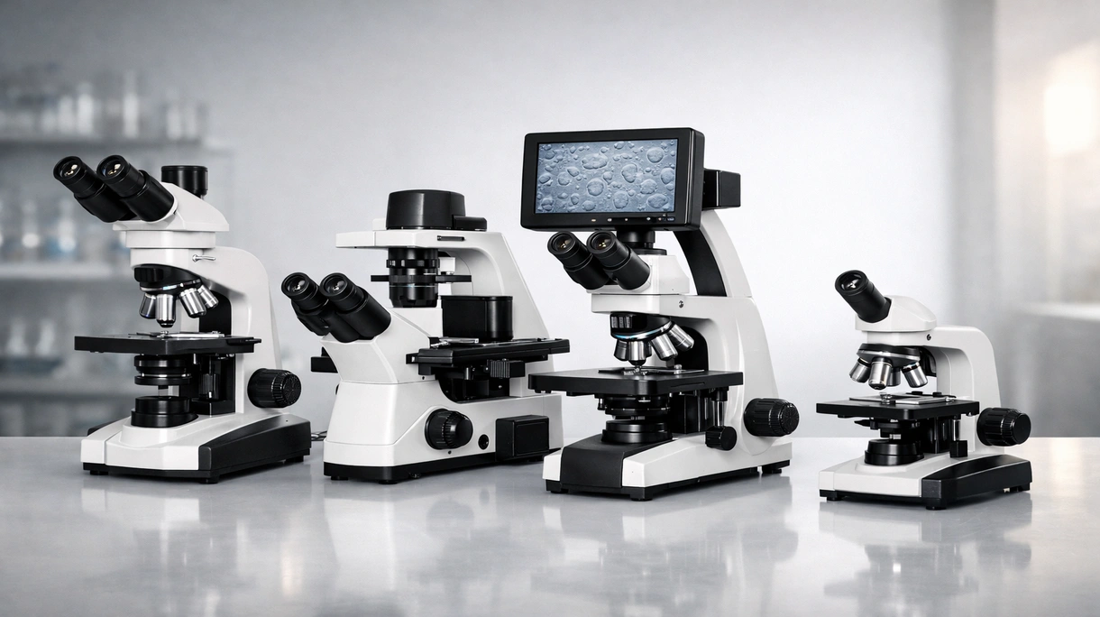 Técnico de laboratorio utilizando un microscopio de contraste de fase para examinar cultivos de células vivas en un entorno de investigación médica estéril.
