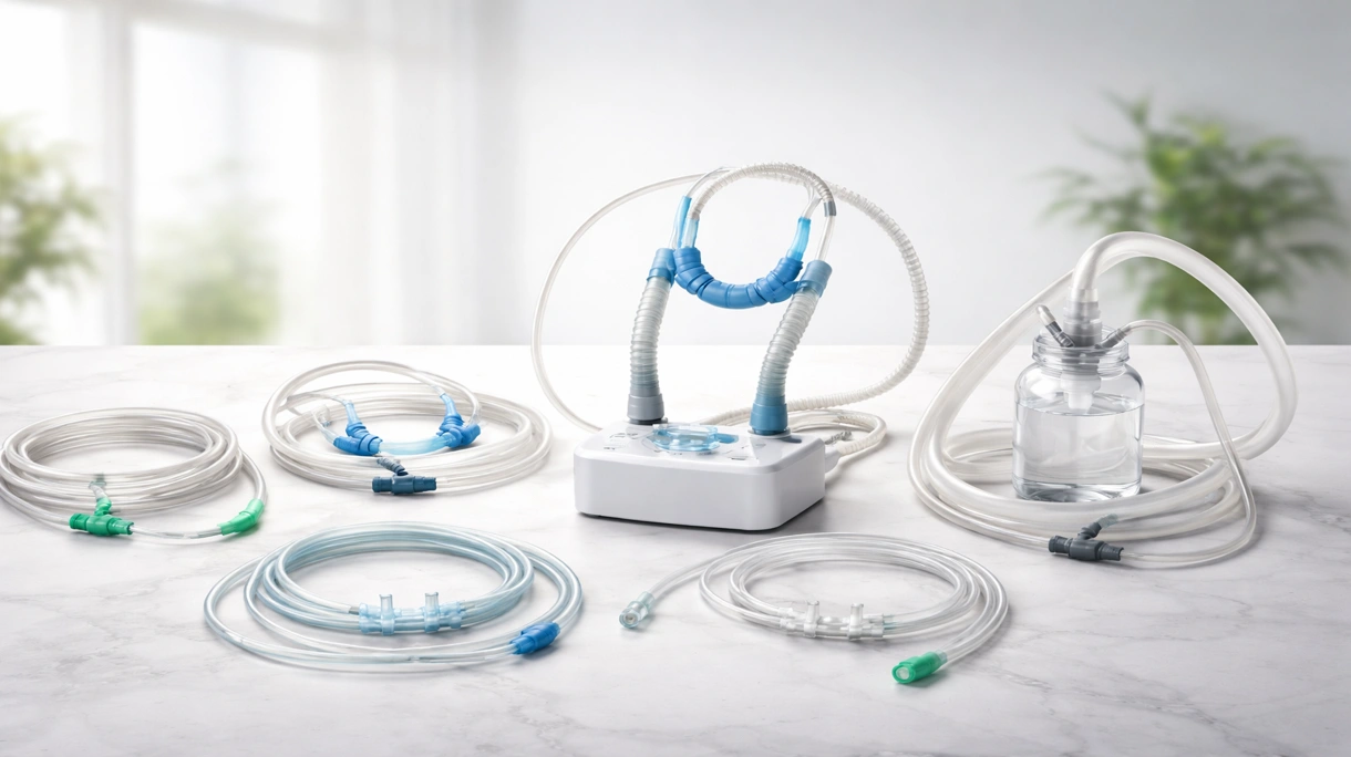 Profesional sanitario ajustando una cánula nasal de alto flujo a un paciente en una unidad de cuidados intensivos estéril para soporte respiratorio.