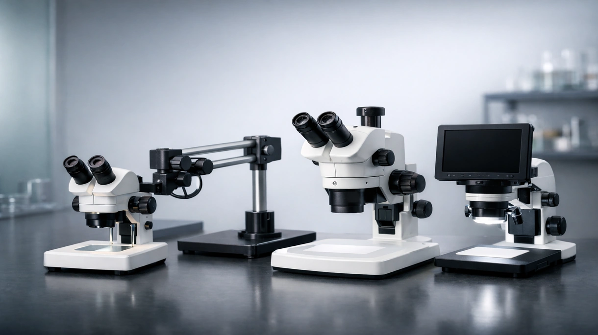 Cirujano utilizando un estereomicroscopio médico para microcirugía en un quirófano estéril con configuración ergonómica.