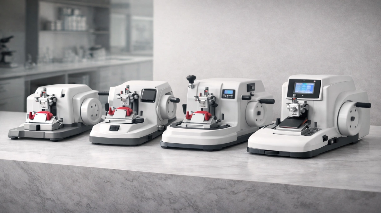 Patólogo utilizando un microtomo rotativo en un laboratorio de histología para crear secciones finas de tejido para la preparación de muestras de diagnóstico.