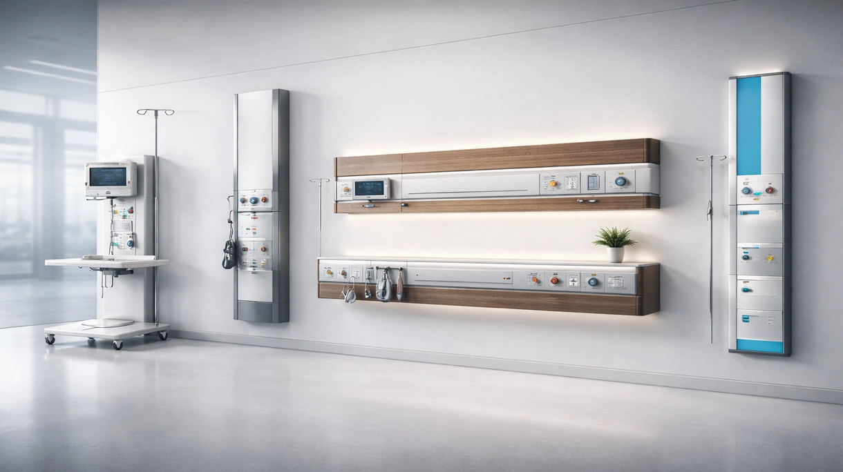 Unidad médica de cabecera horizontal instalada en una habitación de hospital moderna con tomas de gas integradas y sistemas de iluminación LED para exploración.