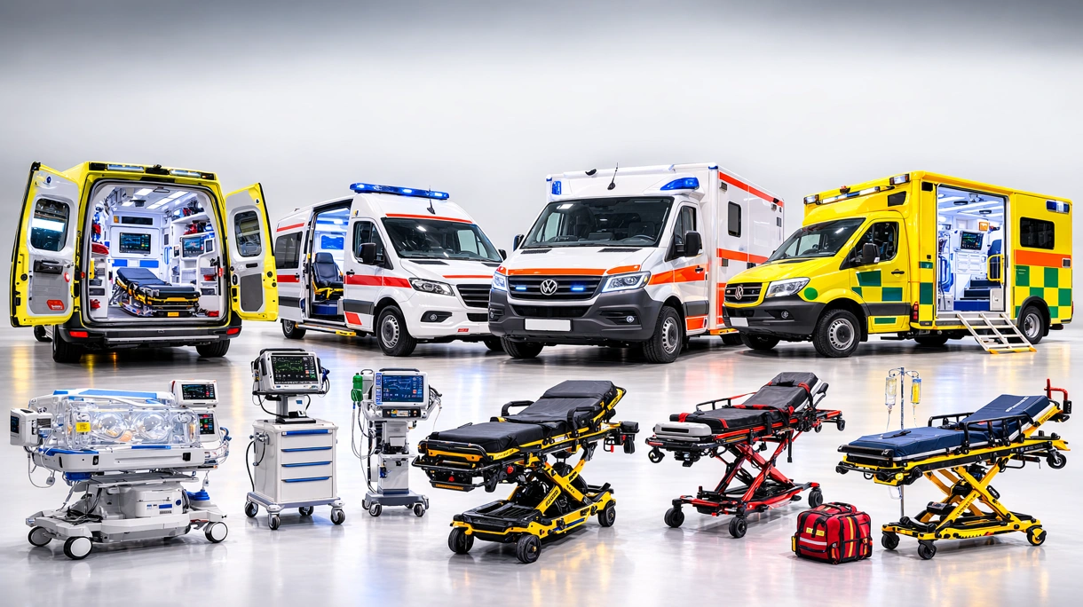 Equipo médico profesional operando un ventilador de cuidados críticos dentro de una ambulancia para cuidados intensivos totalmente equipada durante el transporte.
