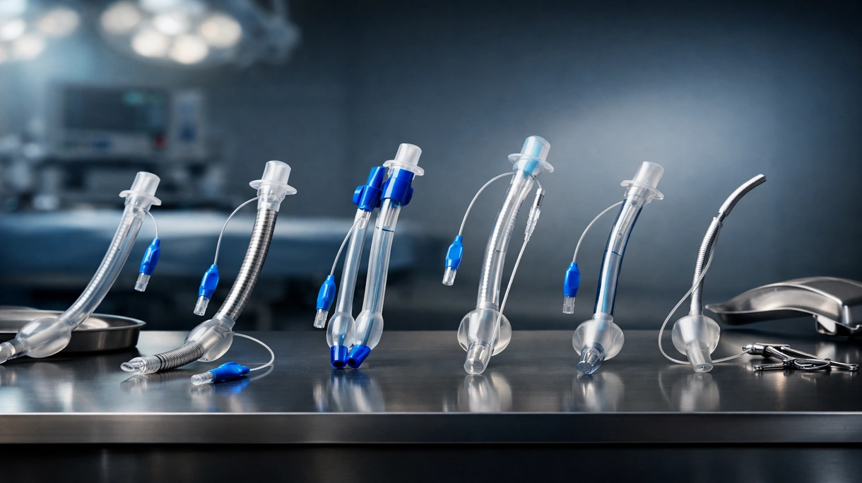 Profesional clínico realizando una intubación utilizando un tubo endotraqueal estéril en el entorno de un quirófano hospitalario de alta tecnología.