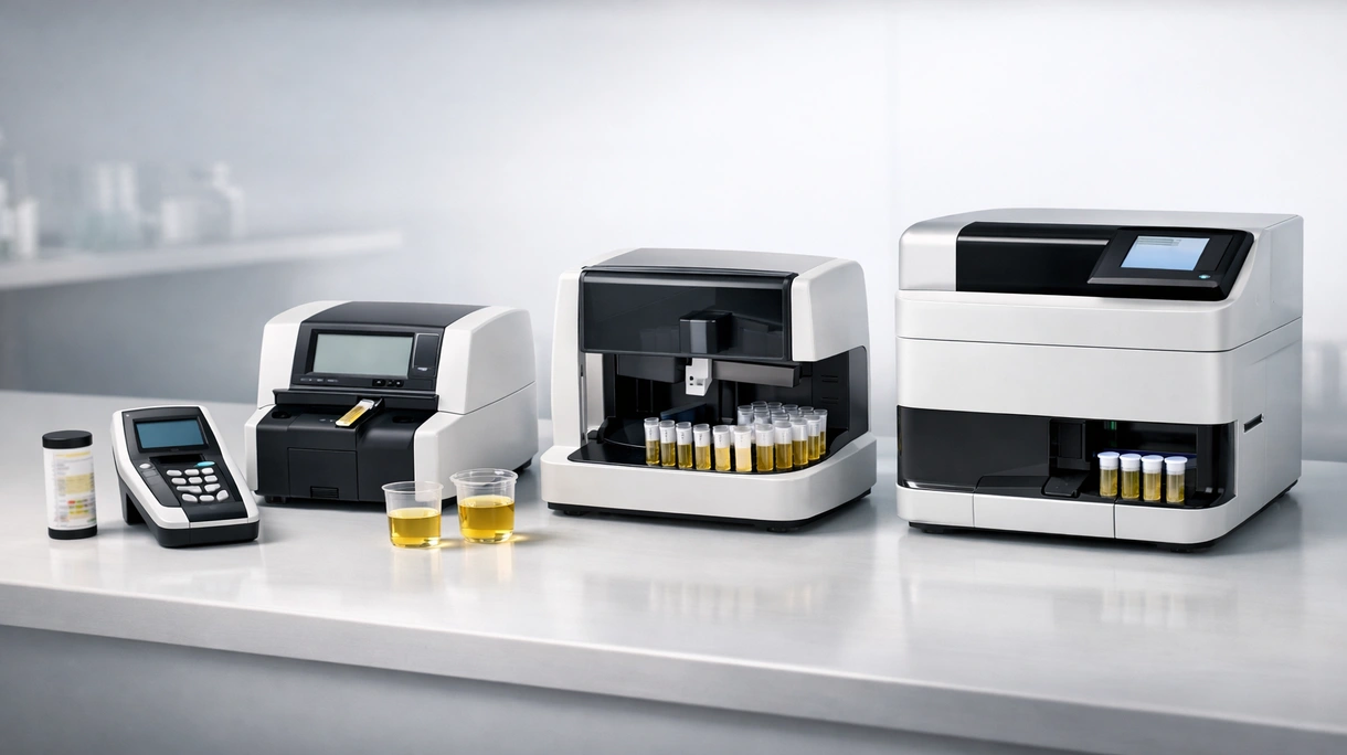 Técnico de laboratorio clínico procesando muestras de pacientes mediante un analizador de orina automatizado en un centro médico de alta productividad.