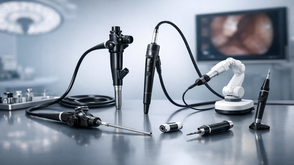 Gastroenterólogo realizando un procedimiento de diagnóstico mediante un endoscopio médico flexible en un quirófano estéril de un hospital.
