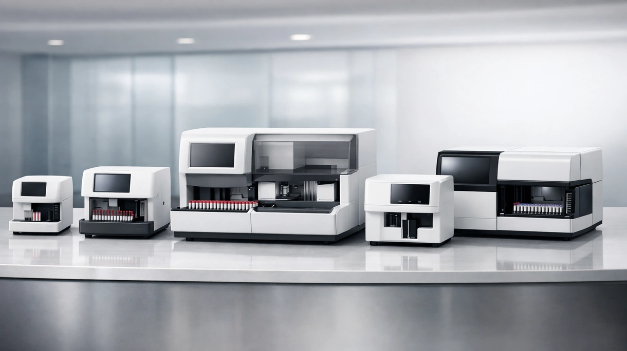 Profesional de laboratorio cargando muestras de sangre en un analizador de hematología automatizado en un entorno hospitalario clínico moderno.