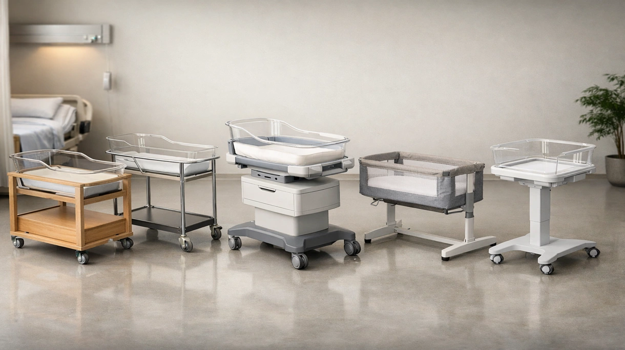 Cuna hospitalaria de altura regulable situada junto a una cama de maternidad en una habitación clínica moderna para cuidados neonatales.