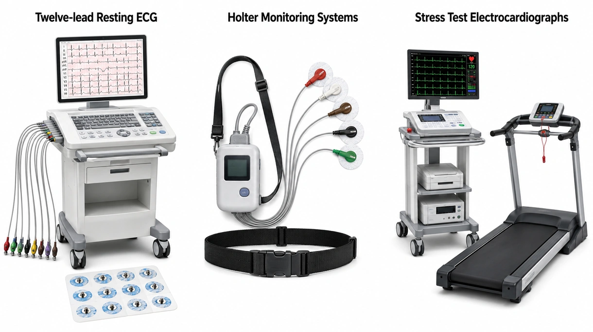 Vista técnica de la pantalla de un electrocardiógrafo de alta resolución que muestra ondas cardíacas en tiempo real y datos de mediciones diagnósticas digitales.