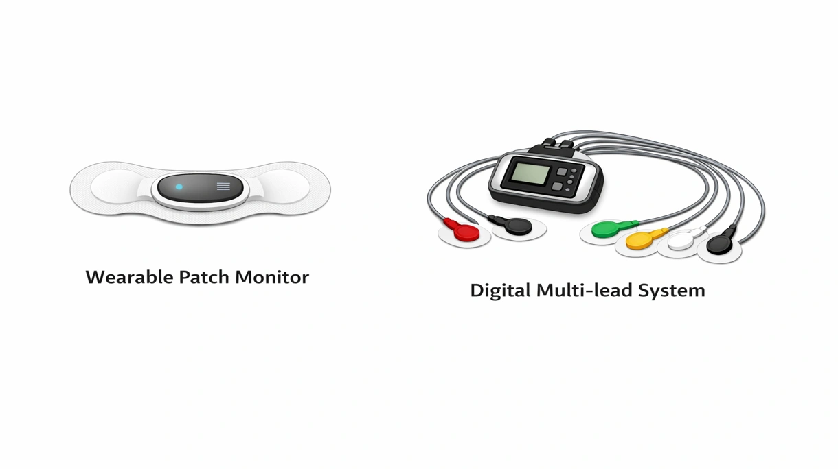 Primer plano técnico de la pantalla de un Holter digital que muestra ondas de ECG de alta resolución y puertos de conexión de derivaciones integrados.