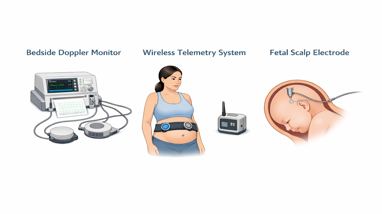 Primer plano de un transductor fetal inalámbrico e impermeable que muestra el agarre ergonómico y la superficie del sensor de ultrasonidos de alta frecuencia para uso clínico.