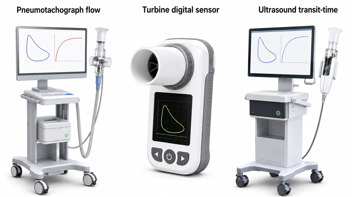 Primer plano de un sensor de turbina de un espirómetro digital mostrando los componentes internos de precisión para una medición exacta del flujo de aire.