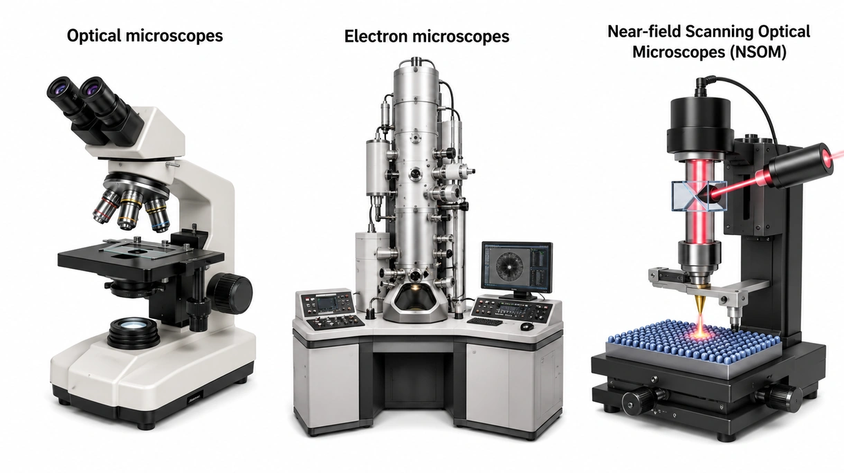 Primer plano de los objetivos apocromáticos y los mandos de ajuste de enfoque fino en un microscopio de laboratorio clínico.