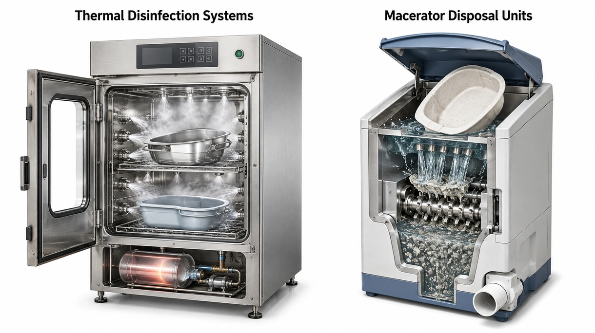 Primer plano de las boquillas interiores de acero inoxidable y los sensores de desinfección térmica dentro de una unidad lavacuñas médica automática.