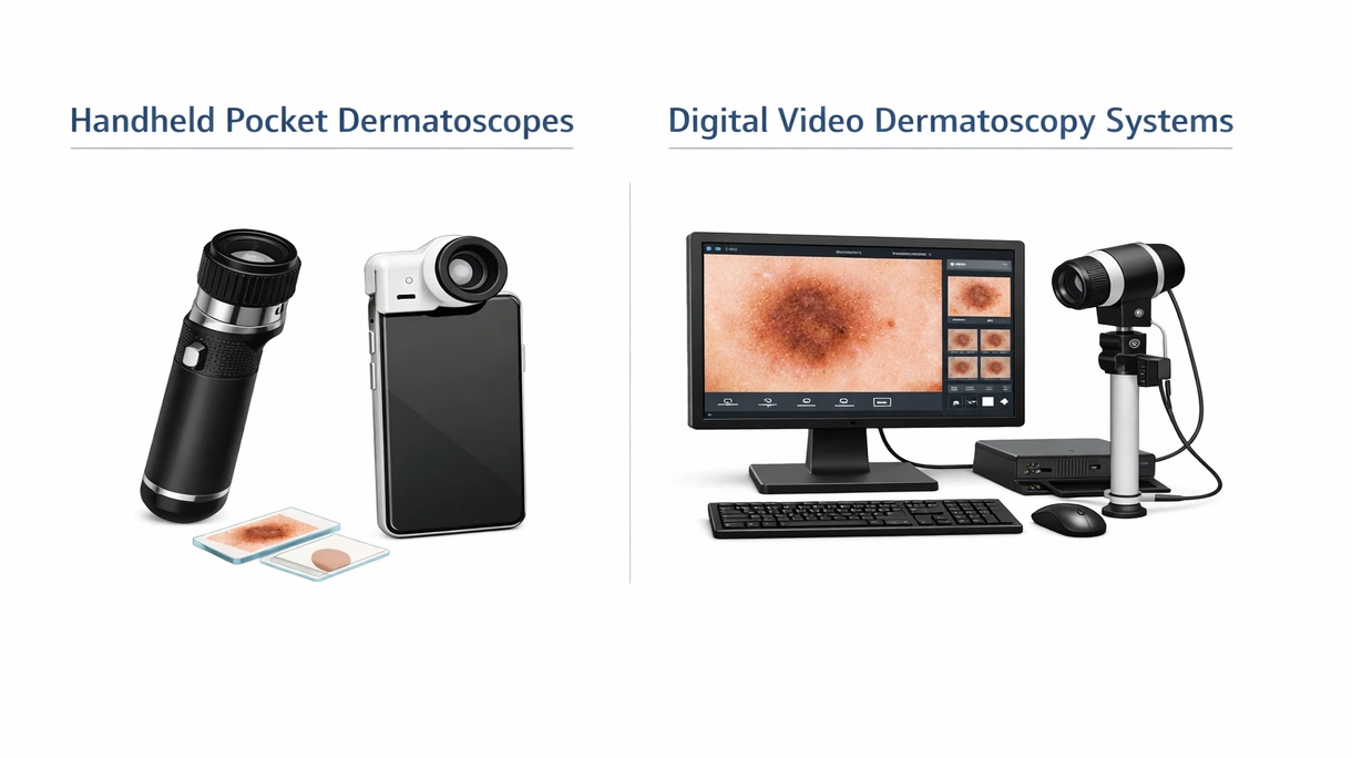 Primer plano técnico del sistema de lentes de un dermatoscopio de alta resolución que muestra la iluminación LED interna y los componentes ópticos de precisión.