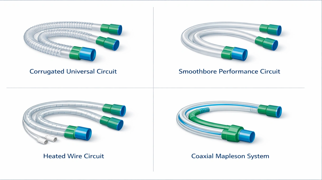 Primer plano técnico de un circuito de respiración corrugado que muestra la trampa de agua integrada y el conector neumático estandarizado.