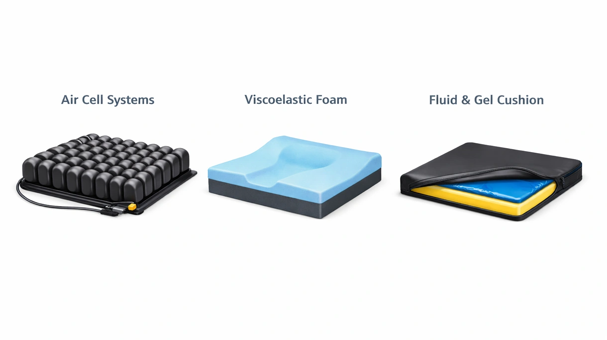 Primer plano técnico que muestra la sección transversal de un cojín antiescaras multicapa de gel y material viscoelástico para la redistribución de la presión.