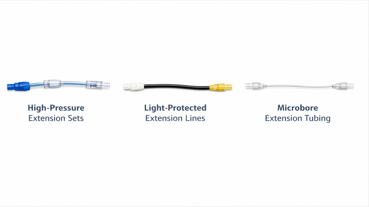 Vista de cerca de un conector Luer-lock de grado médico y un tubo transparente de microcalibre en un equipo de prolongación de perfusión estéril.