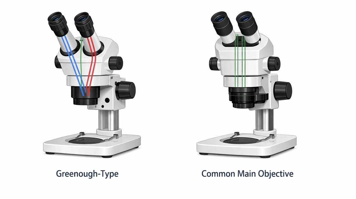 Primer plano técnico de una lente de objetivo principal común que muestra los recubrimientos apocromáticos y el sistema de luz anular LED integrado.