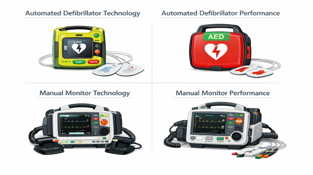 Primer plano de la pantalla de un desfibrilador bifásico que muestra la monitorización de la frecuencia cardíaca y los botones de selección de energía para el personal médico.