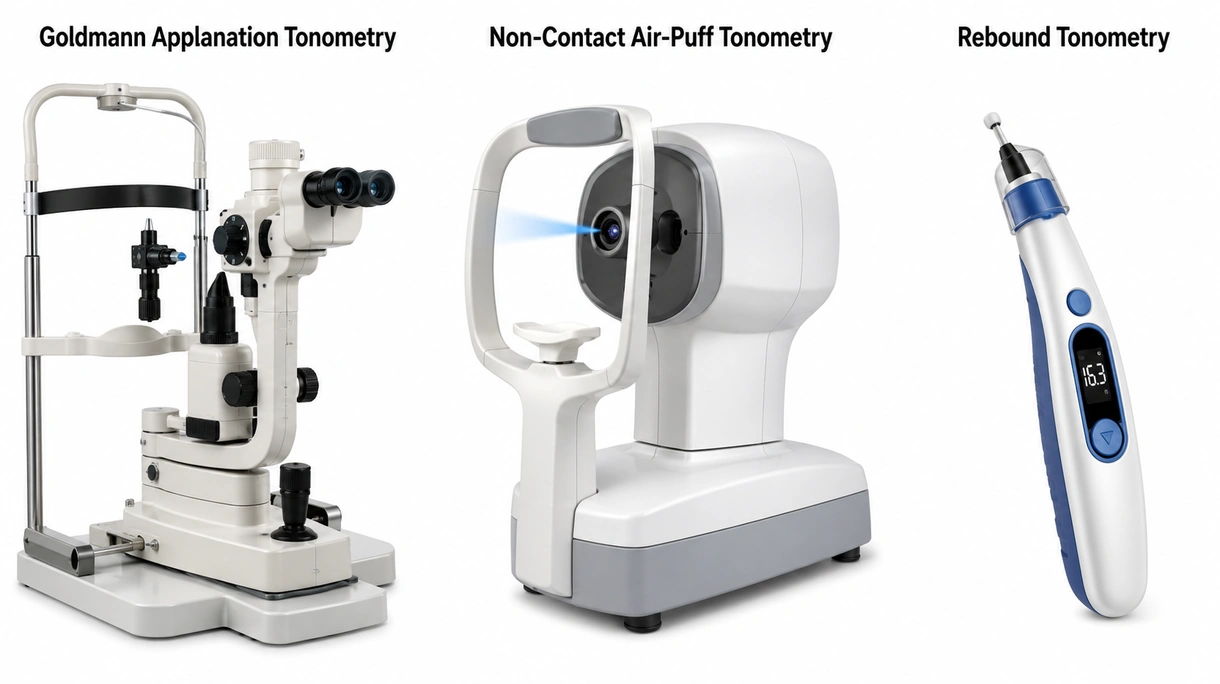 Vista de primer plano de una sonda de biprisma de un tonómetro de aplanación de Goldmann alineada con un ojo humano para una medición diagnóstica precisa.