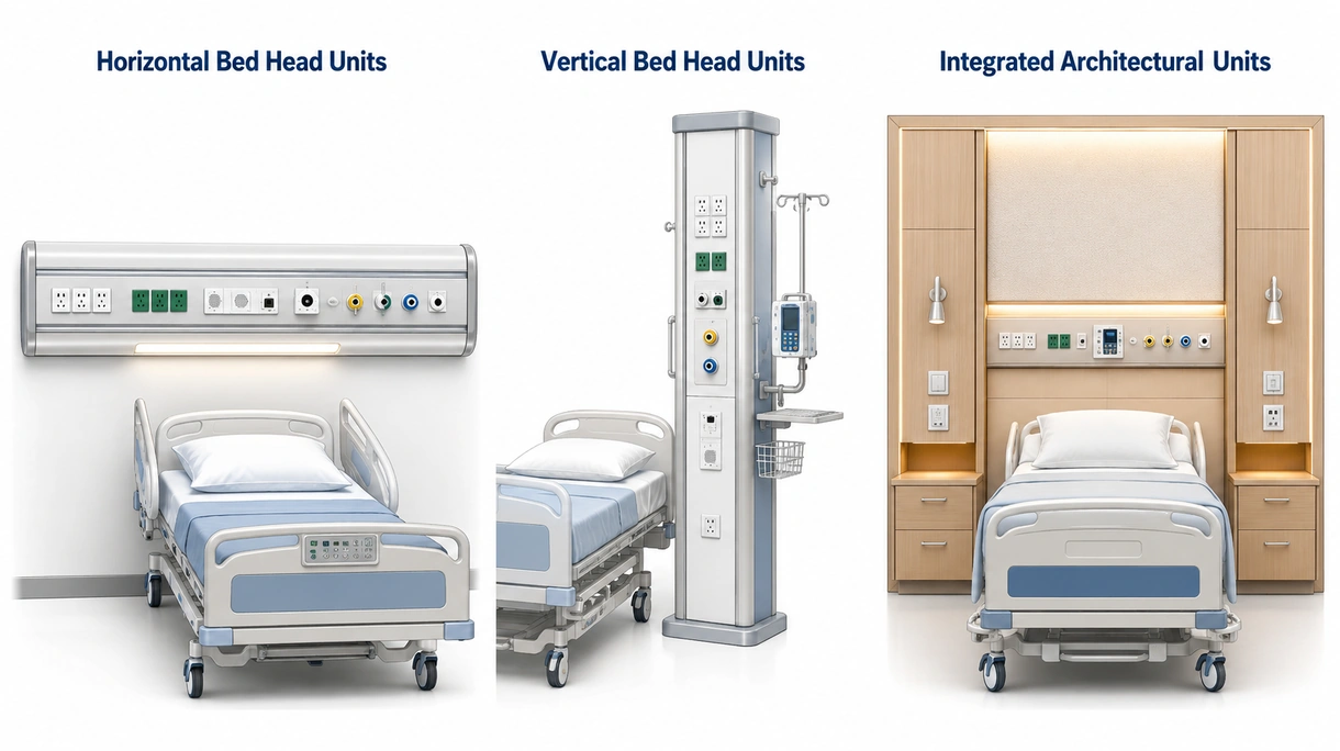 Detalle técnico de una unidad médica de cabecera modular que muestra tomas eléctricas, conectores de gases medicinales y especificaciones de acabado superficial antimicrobiano.