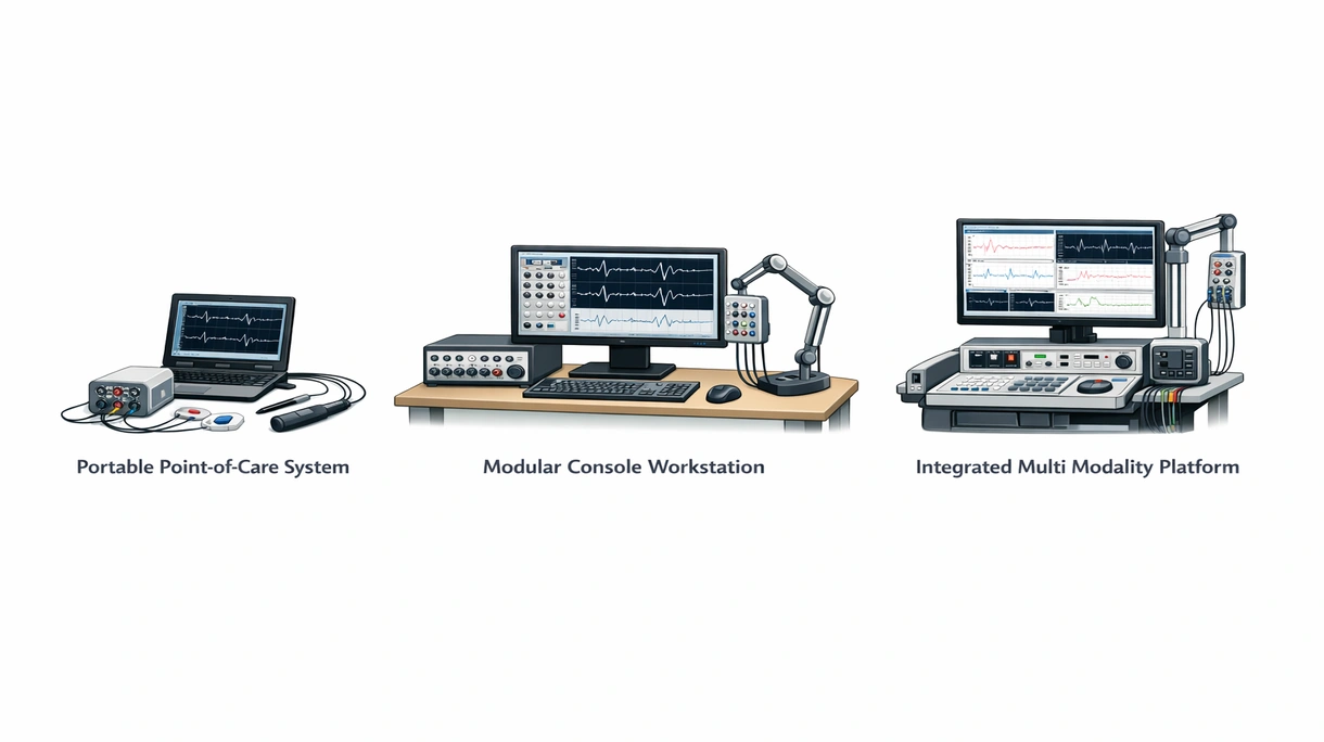 Primer plano técnico de electrodos de EMG de alta sensibilidad y cables blindados conectados a un amplificador diferencial multicanal.