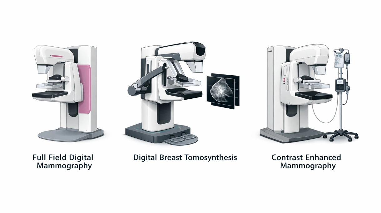 Primer plano detallado de un tubo de rayos X de mamografía digital y una pala de compresión que muestra la ingeniería de precisión para la imagen clínica de mama.