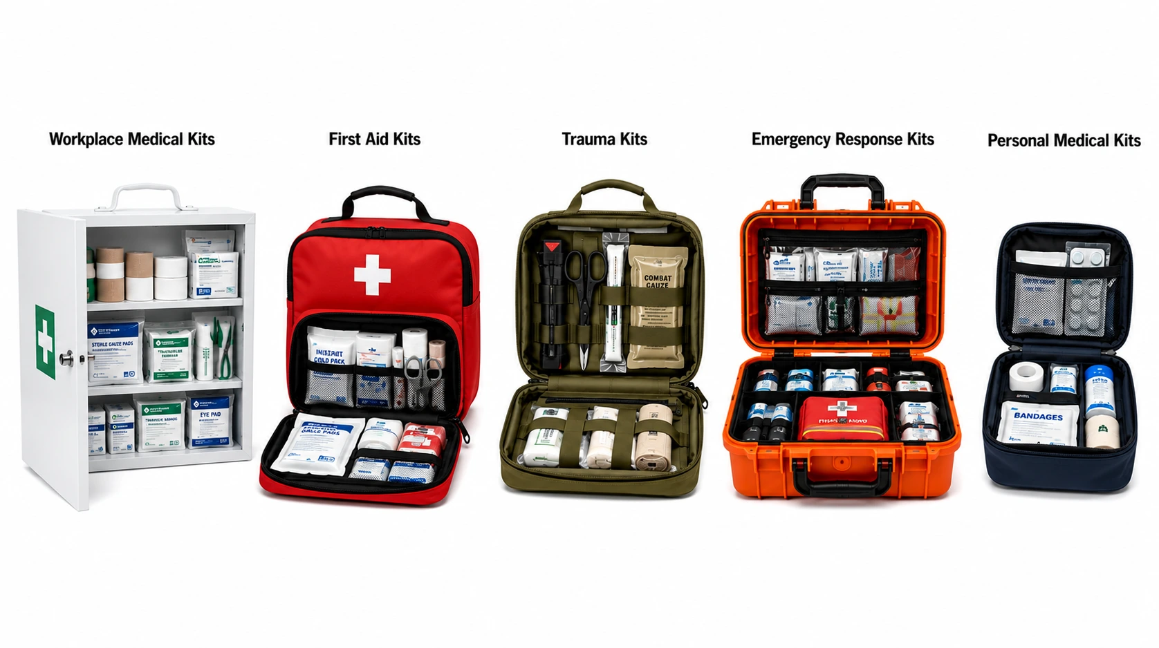 Primer plano de instrumentos quirúrgicos especializados y apósitos estériles organizados meticulosamente en una bandeja de polímero de alta calidad para un kit médico.