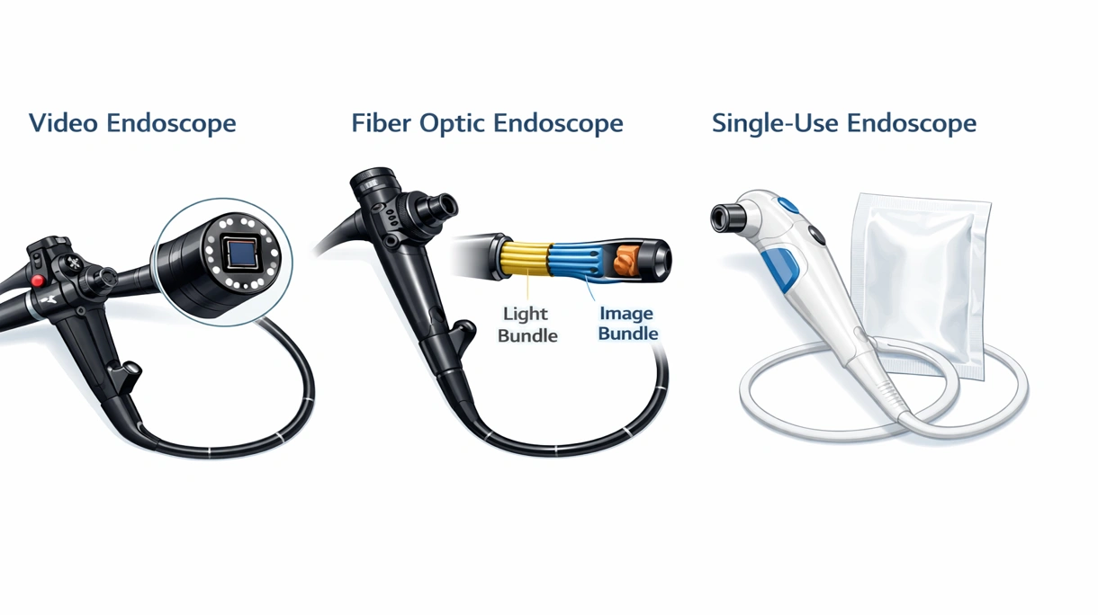 Vista técnica macro de la punta distal de un endoscopio que muestra el sensor CMOS, la iluminación LED y la apertura del canal de trabajo.