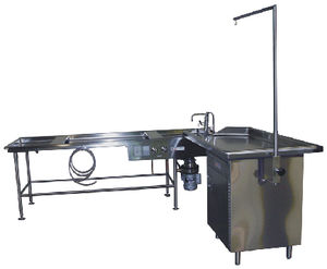 mesa de autopsia / en L / de altura regulable / con fregadero