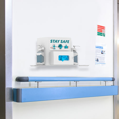 Estación móvil de higiene de pared - Pegasus Medical Concepts - con caja de guantes / con soporte para gel hidroalcohólico