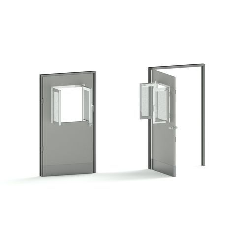 Puerta de hospital - PLUSHINE series   - TBT Medical - abatible / de acero inoxidable / con paneles de vidrio