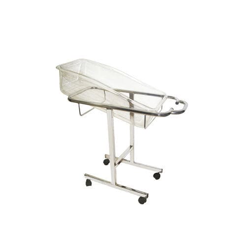Cuna hospitalaria de altura fija - Sté AMEL - con ruedas / de acero inoxidable / transparente