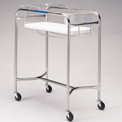 Cuna hospitalaria con ruedas - P-111 Series - DSI  - con espacio de almacenamiento / con barreras laterales / de acero inoxidable