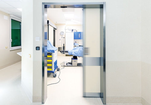 Puerta de protección contra los rayos X - H-SMITE series - LABEL S.p.A. - de hospital / corredera / de acero inoxidable