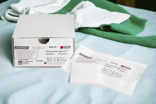 Agente hemostático pad - Surgicoll - MBP - Medical Biomaterial Products - cirugía ortopédica / cirugía de las heridas