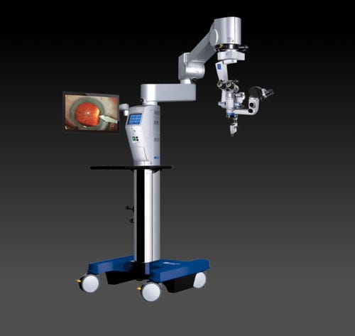 Microscopio quirúrgico oftálmico - Hi-R NEO 900 - Haag-Streit Diagnostics - con ruedas