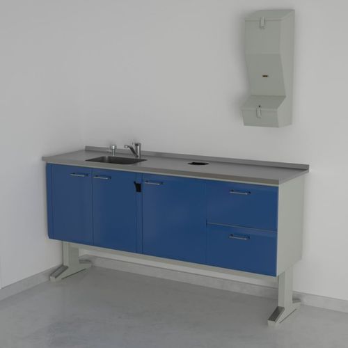 Puesto de trabajo para laboratorio dental con fregadero - D(5)+6(29X40)DX+14+10+1, E59  - ERIO - con estantes / con cajones / de acero inoxidable