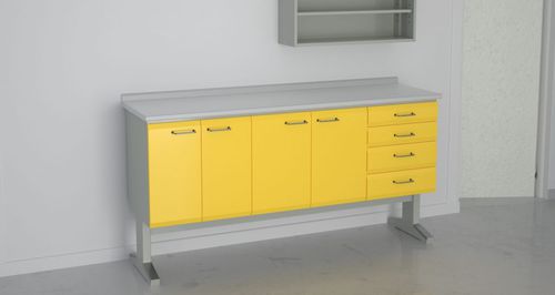 Puesto de trabajo para laboratorio dental con estantes - 8+9+2,E57 - ERIO - con cajones / de acero inoxidable