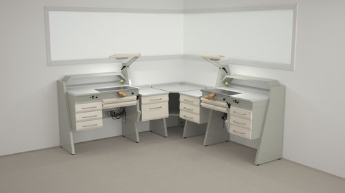 Puesto de trabajo para laboratorio dental con estantes - SOLE1/I+SOBF+SOFT+SOANG+SOFT+SOB3+SOLE1 - ERIO - con luz / con cajones / compacto
